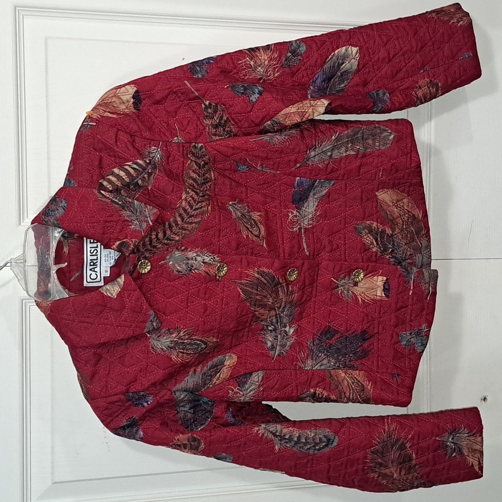 Vintage Carlisle Quilted Silk Wool Feather-Print Jacket - 8 - Red